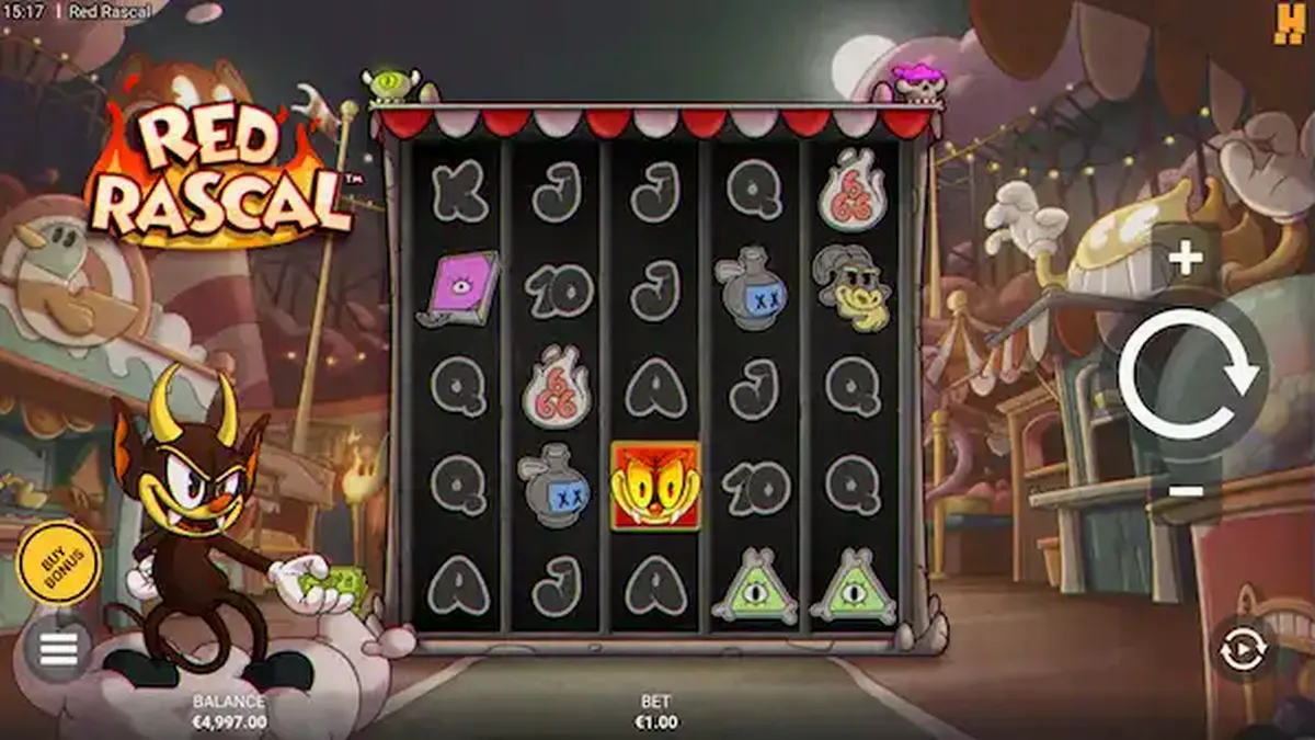 Red Rascal slot game screen featuring the main character in a vibrant amusement park setting.